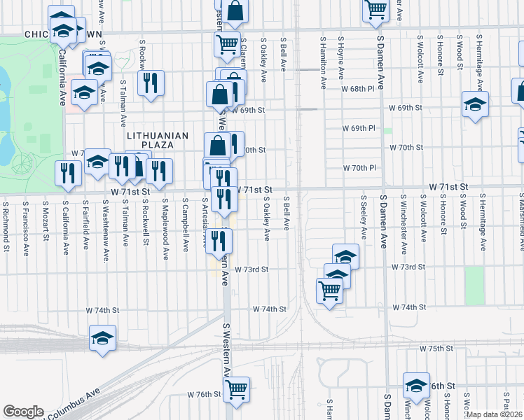 map of restaurants, bars, coffee shops, grocery stores, and more near 2305 West 71st Street in Chicago