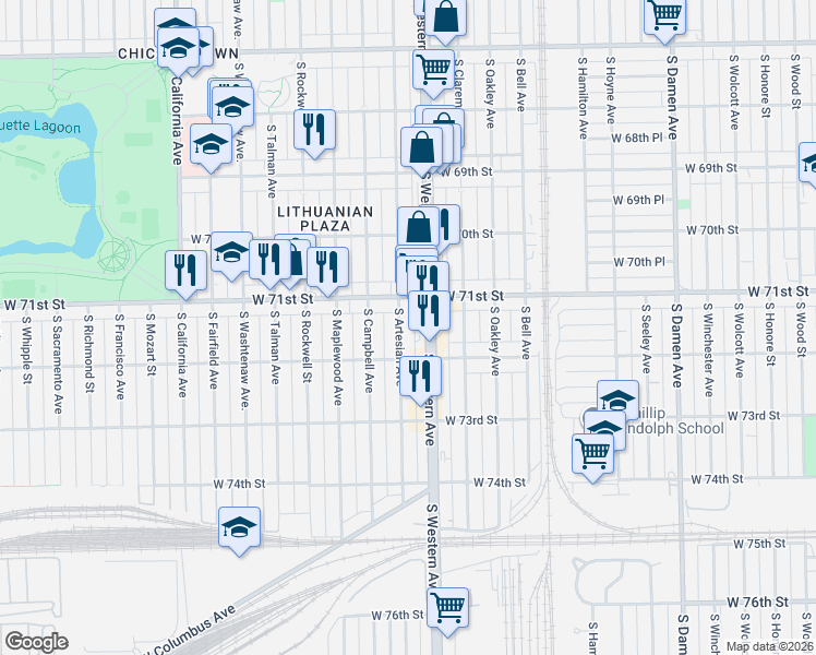 map of restaurants, bars, coffee shops, grocery stores, and more near 2417 West 71st Street in Chicago