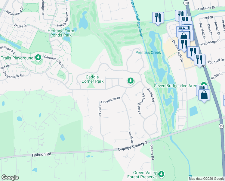 map of restaurants, bars, coffee shops, grocery stores, and more near 7S360 Baltusrol Lane in Naperville