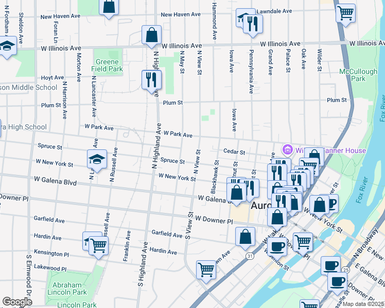 map of restaurants, bars, coffee shops, grocery stores, and more near 310 North View Street in Aurora