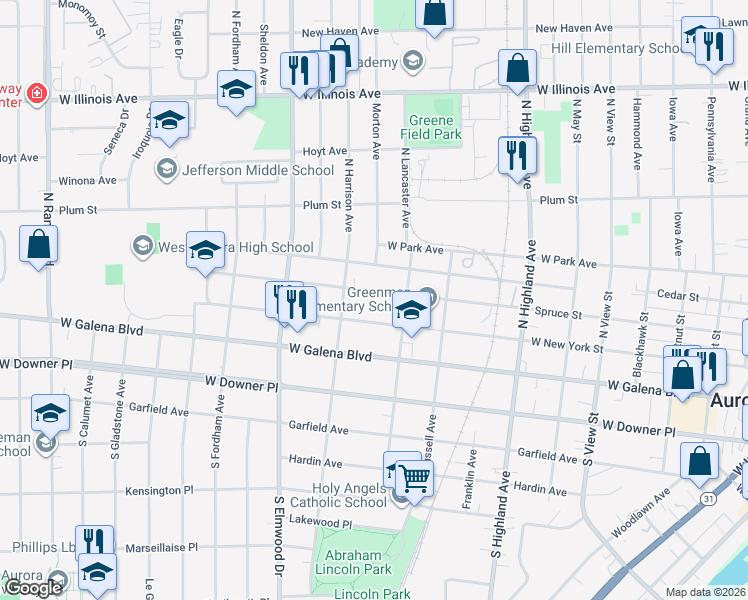 map of restaurants, bars, coffee shops, grocery stores, and more near 843 Spruce Street in Aurora