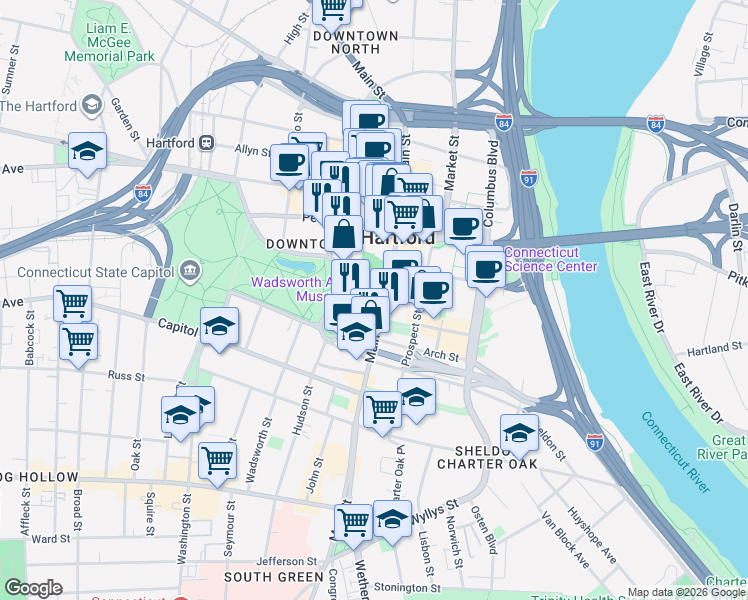 map of restaurants, bars, coffee shops, grocery stores, and more near 59 Gold Street in Hartford