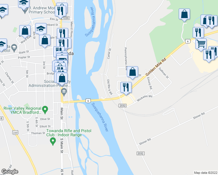 map of restaurants, bars, coffee shops, grocery stores, and more near 19046 Old Route 6 Road in Towanda