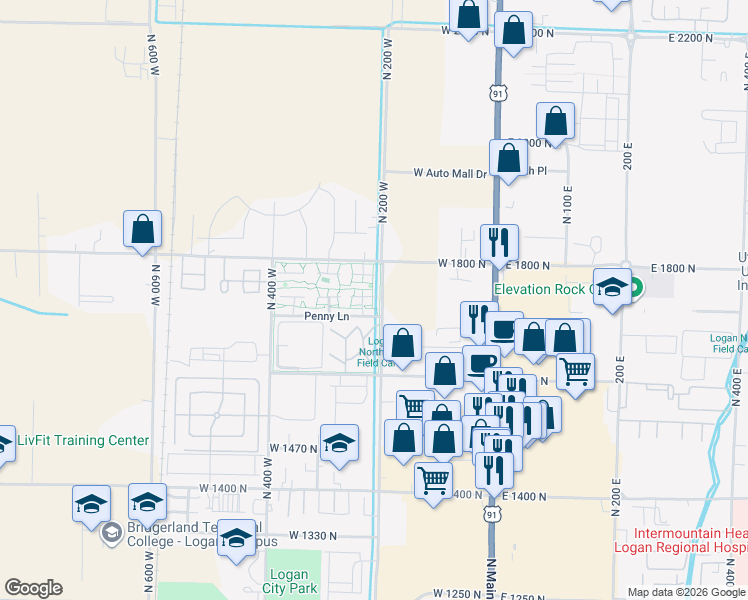 map of restaurants, bars, coffee shops, grocery stores, and more near 73 Hampton Place in Logan