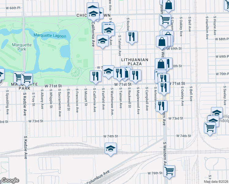 map of restaurants, bars, coffee shops, grocery stores, and more near 2645 West 71st Street in Chicago