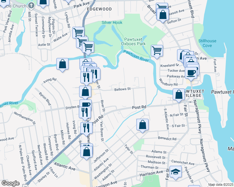 map of restaurants, bars, coffee shops, grocery stores, and more near 105 Bellows St in Warwick