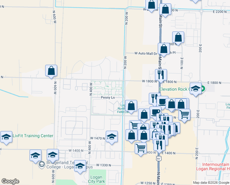 map of restaurants, bars, coffee shops, grocery stores, and more near 123 Penhurst Place in Logan
