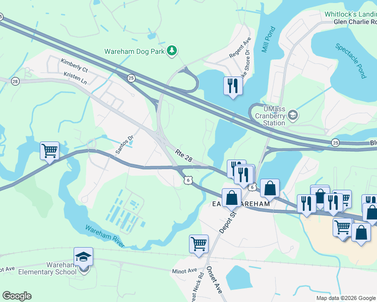 map of restaurants, bars, coffee shops, grocery stores, and more near 2838 Cranberry Highway in Wareham