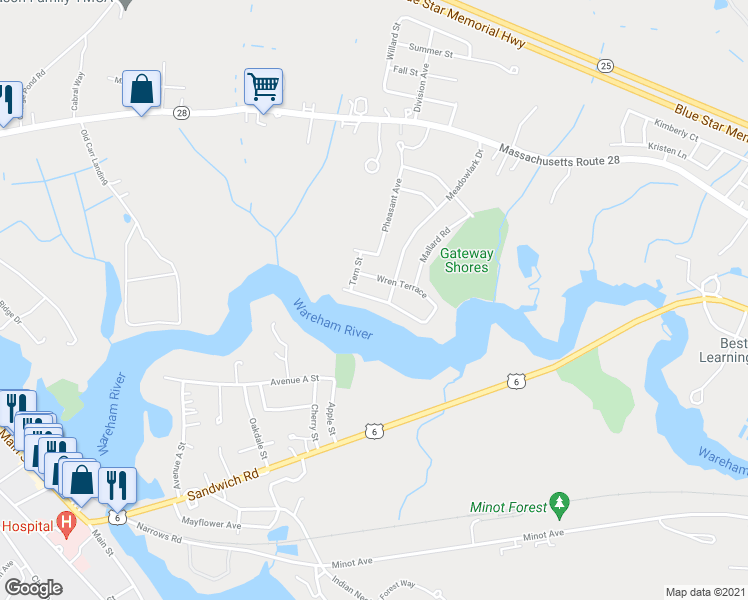map of restaurants, bars, coffee shops, grocery stores, and more near 14 Sandpiper Terrace in Wareham