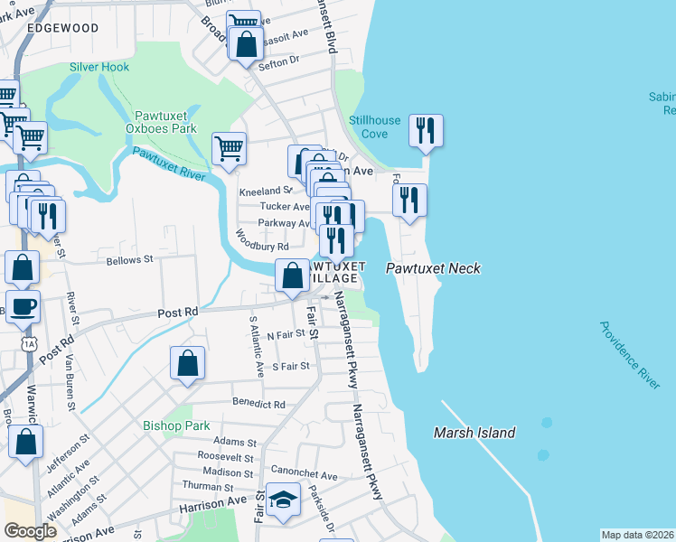 map of restaurants, bars, coffee shops, grocery stores, and more near 6 Bridge Street in Cranston