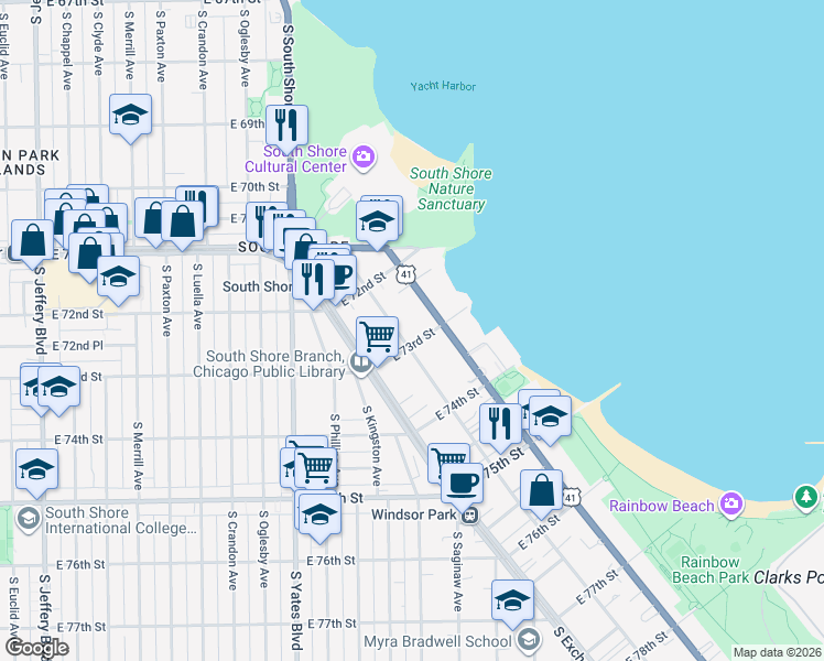map of restaurants, bars, coffee shops, grocery stores, and more near 7263 South Coles Avenue in Chicago