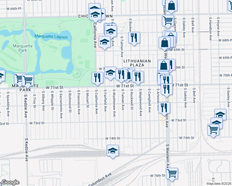 map of restaurants, bars, coffee shops, grocery stores, and more near 7121 South Washtenaw Avenue in Chicago