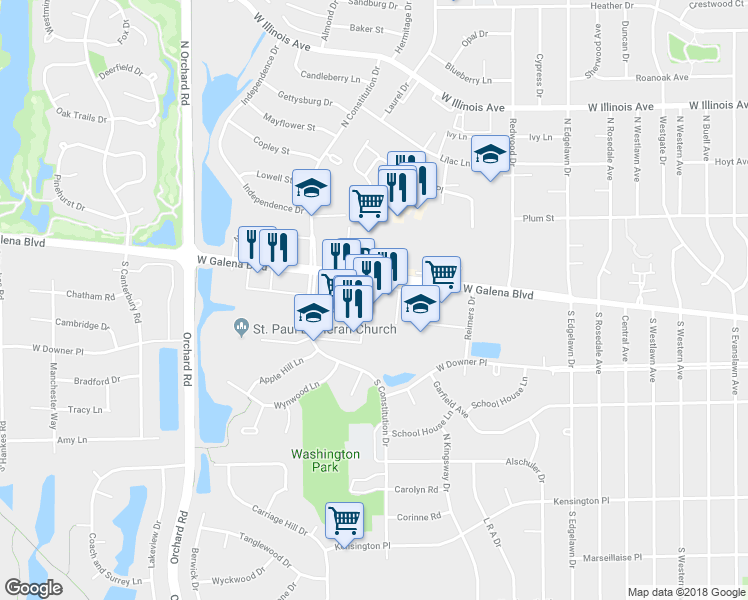 map of restaurants, bars, coffee shops, grocery stores, and more near 2010 West Galena Boulevard in Aurora