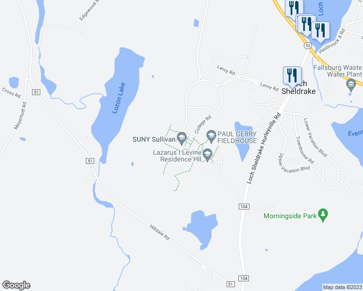 map of restaurants, bars, coffee shops, grocery stores, and more near 112 College Road in Loch Sheldrake
