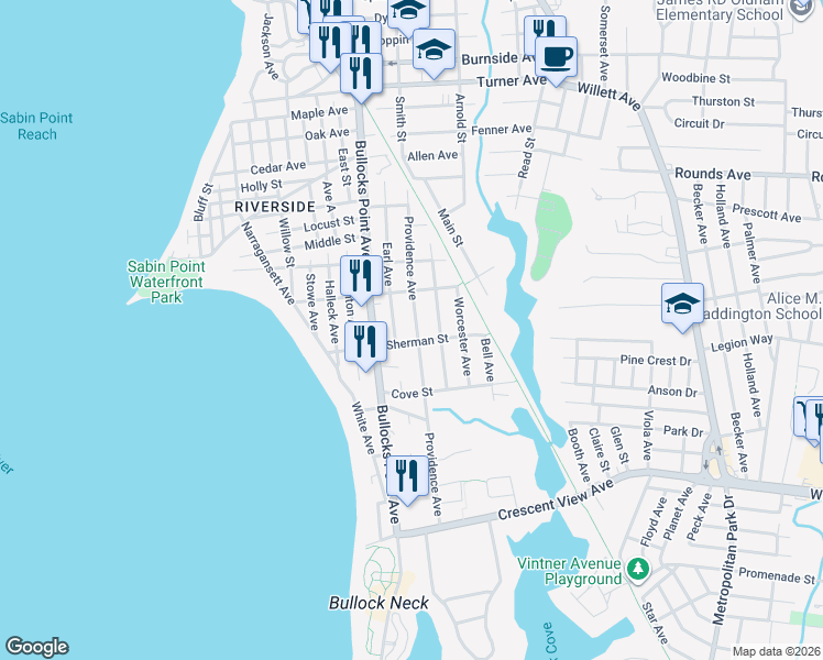 map of restaurants, bars, coffee shops, grocery stores, and more near 107 Providence Avenue in East Providence