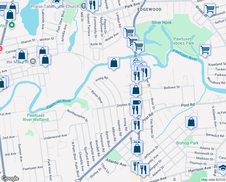 map of restaurants, bars, coffee shops, grocery stores, and more near 80 Holmes Road in Warwick