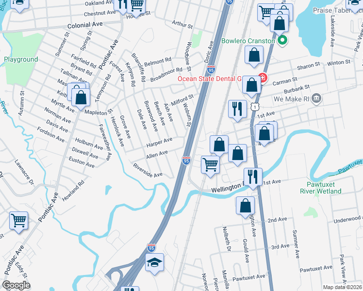 map of restaurants, bars, coffee shops, grocery stores, and more near 49 Harper Avenue in Cranston