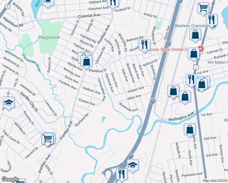 map of restaurants, bars, coffee shops, grocery stores, and more near 70 Grove Avenue in Cranston