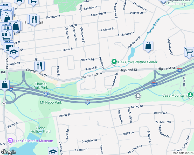 map of restaurants, bars, coffee shops, grocery stores, and more near 321 Charter Oak Street in Manchester