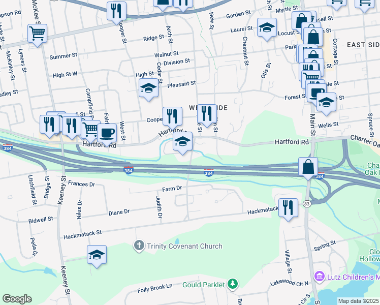 map of restaurants, bars, coffee shops, grocery stores, and more near 218 Hartford Road in Manchester