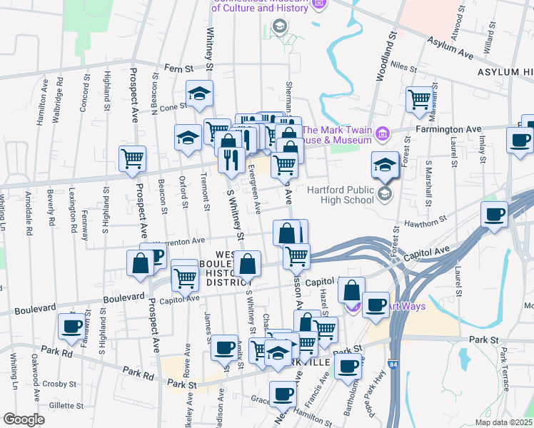 map of restaurants, bars, coffee shops, grocery stores, and more near 22 Gray Street in Hartford