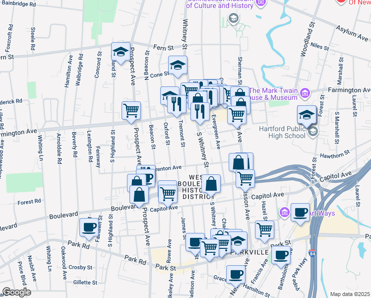 map of restaurants, bars, coffee shops, grocery stores, and more near 63 Tremont Street in Hartford