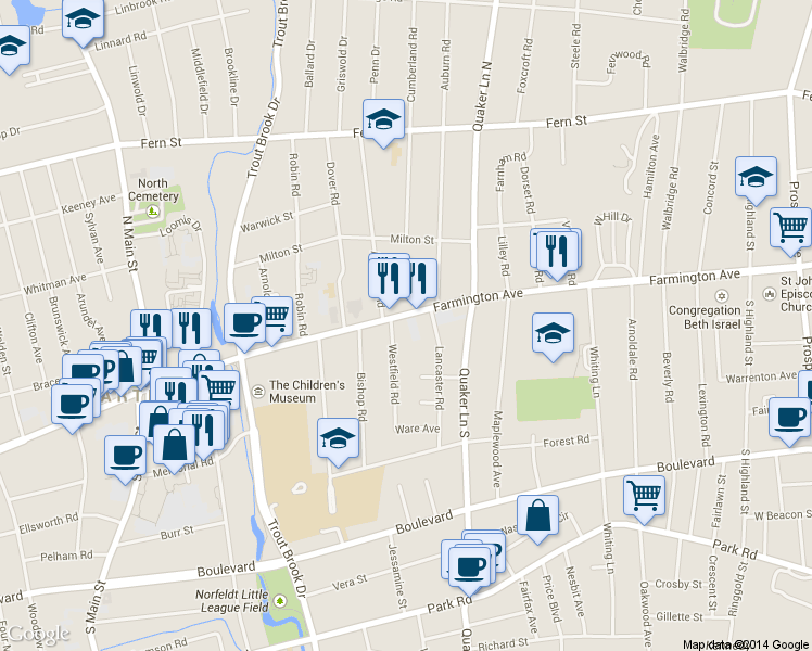 map of restaurants, bars, coffee shops, grocery stores, and more near 842 Farmington Avenue in West Hartford