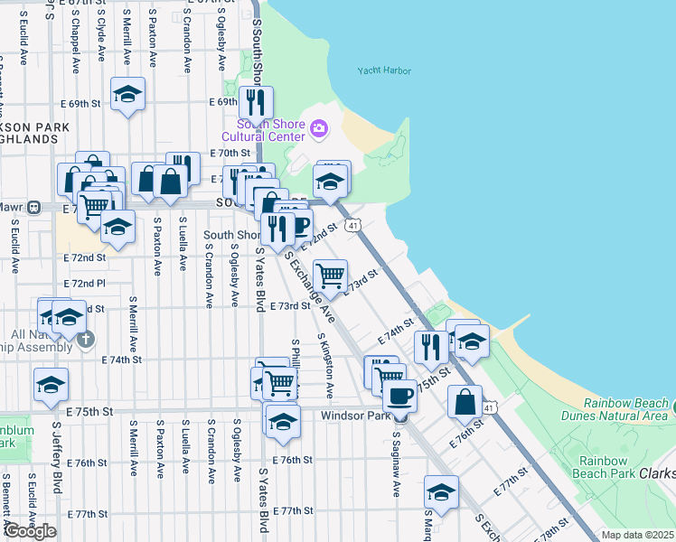 map of restaurants, bars, coffee shops, grocery stores, and more near 7233 South Coles Avenue in Chicago