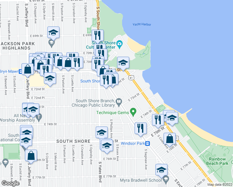 map of restaurants, bars, coffee shops, grocery stores, and more near 2455 East 72nd Street in Chicago