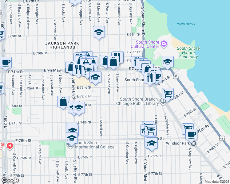 map of restaurants, bars, coffee shops, grocery stores, and more near 7163 South Luella Avenue in Chicago