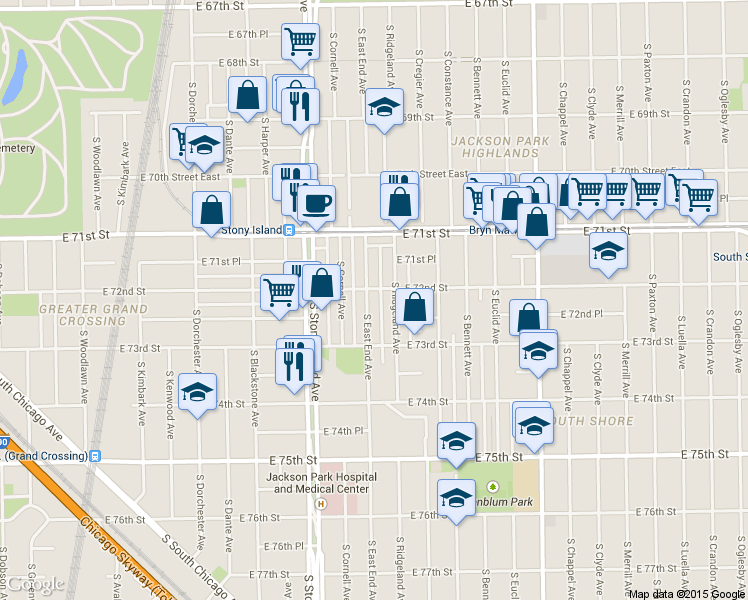 map of restaurants, bars, coffee shops, grocery stores, and more near 7155 South East End Avenue in Chicago
