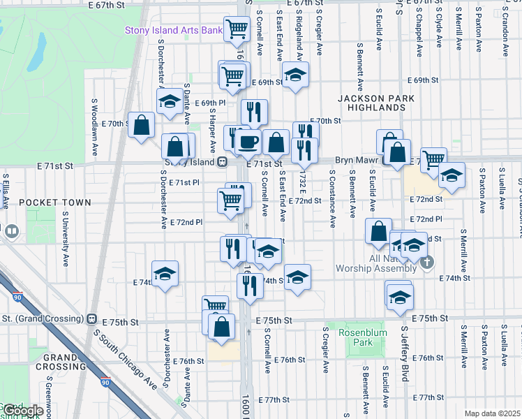 map of restaurants, bars, coffee shops, grocery stores, and more near 7152 South Cornell Avenue in Chicago