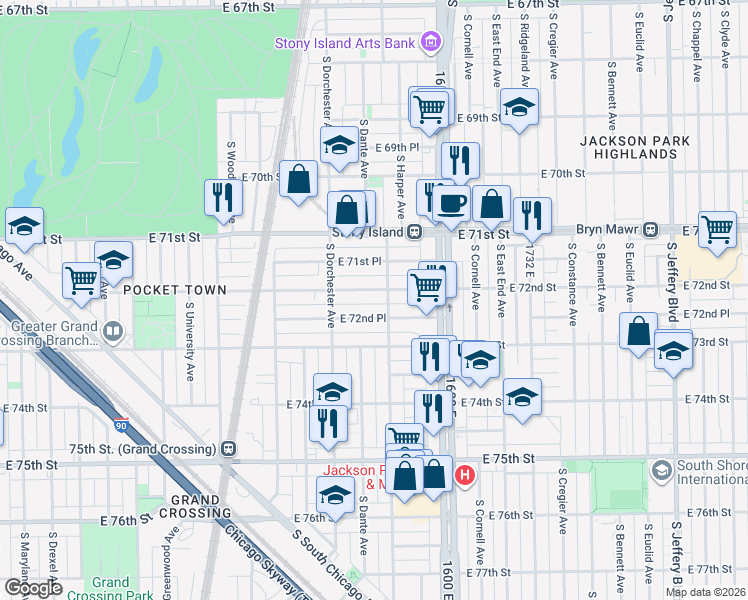 map of restaurants, bars, coffee shops, grocery stores, and more near 1436 East 72nd Street in Chicago