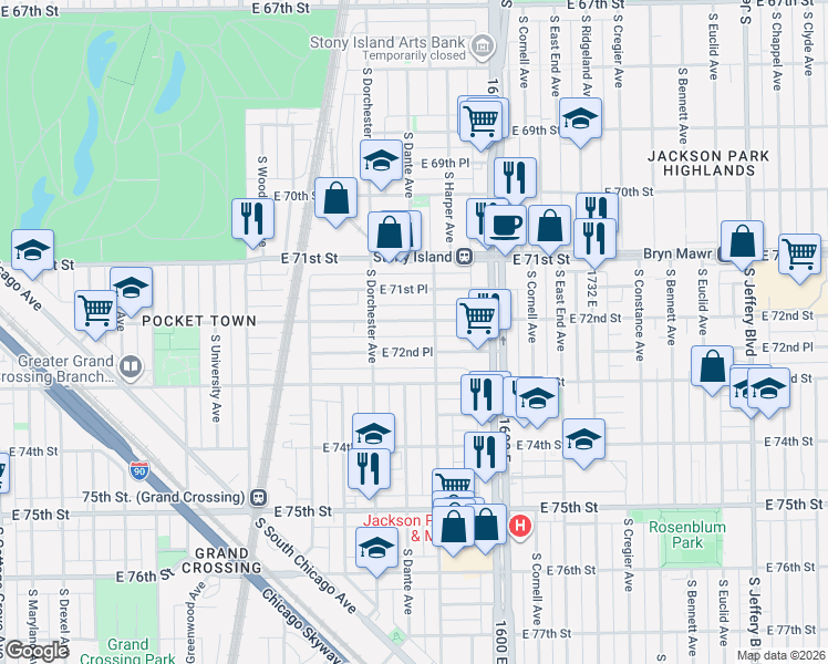 map of restaurants, bars, coffee shops, grocery stores, and more near 1436 East 72nd Street in Chicago