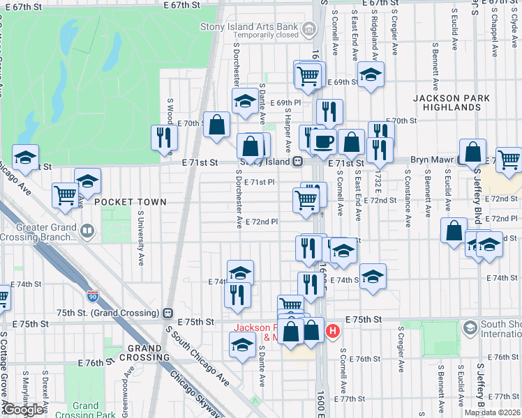 map of restaurants, bars, coffee shops, grocery stores, and more near 1436 East 72nd Street in Chicago
