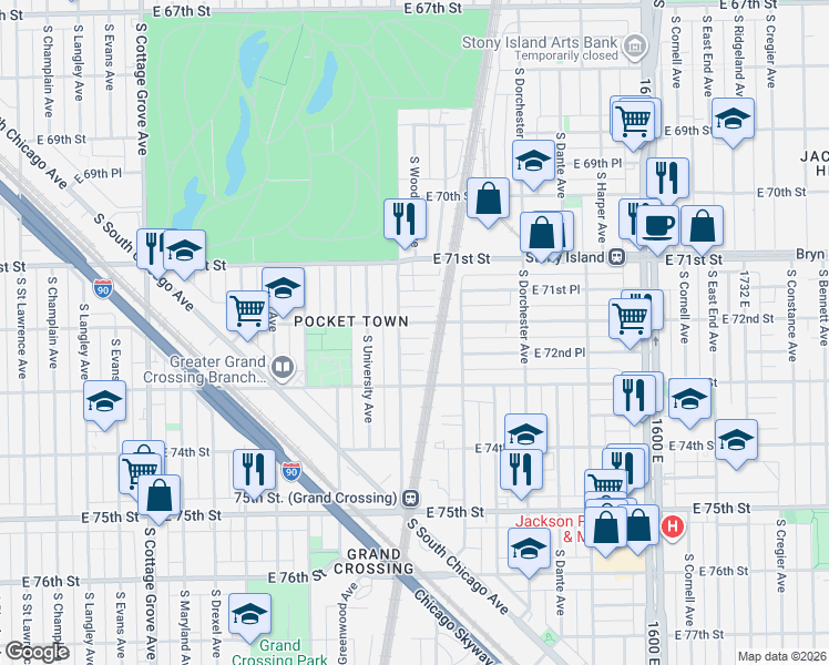 map of restaurants, bars, coffee shops, grocery stores, and more near 7147 South Woodlawn Avenue in Chicago