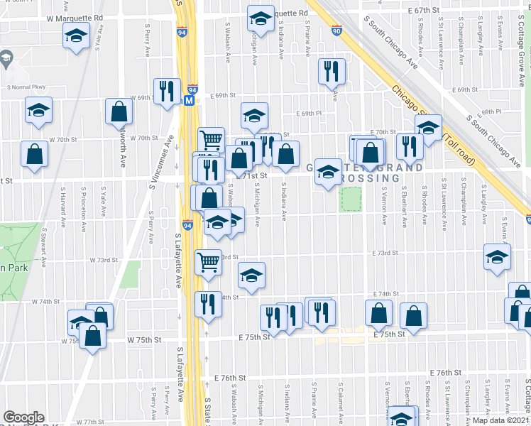 map of restaurants, bars, coffee shops, grocery stores, and more near 7135 South Michigan Avenue in Chicago