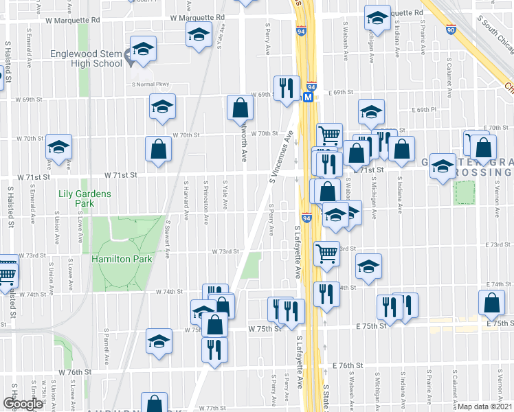 map of restaurants, bars, coffee shops, grocery stores, and more near 7138 South Vincennes Avenue in Chicago