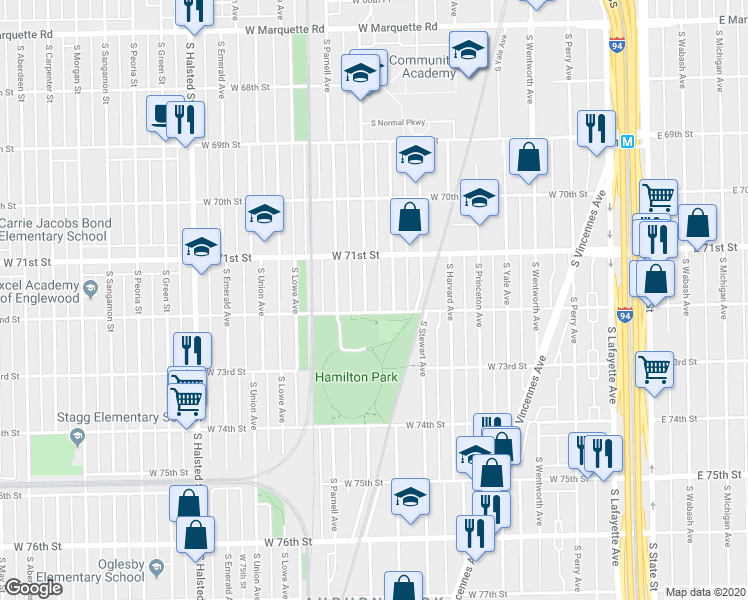 map of restaurants, bars, coffee shops, grocery stores, and more near 7128 South Eggleston Avenue in Chicago