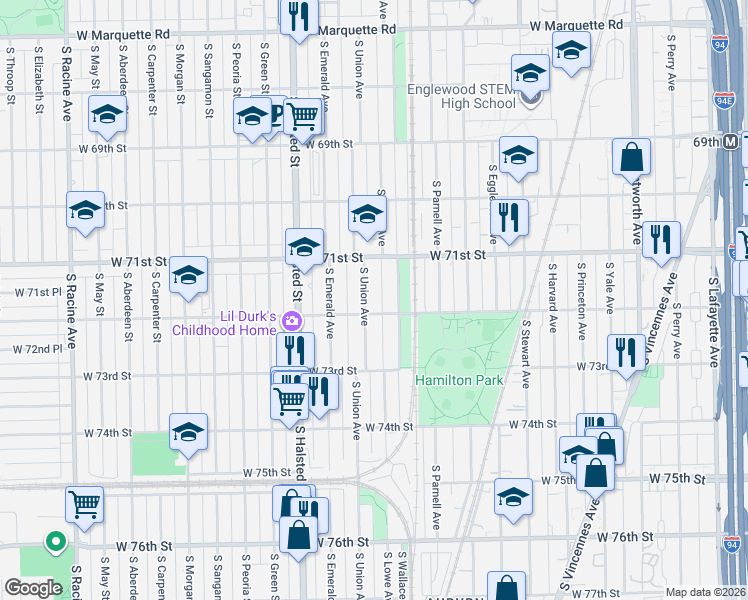 map of restaurants, bars, coffee shops, grocery stores, and more near 7124 South Lowe Avenue in Chicago