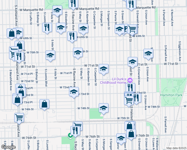map of restaurants, bars, coffee shops, grocery stores, and more near 7118 South Carpenter Street in Chicago