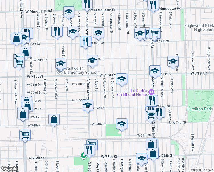 map of restaurants, bars, coffee shops, grocery stores, and more near 7118 South Carpenter Street in Chicago