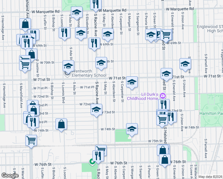map of restaurants, bars, coffee shops, grocery stores, and more near 7115 South May Street in Chicago