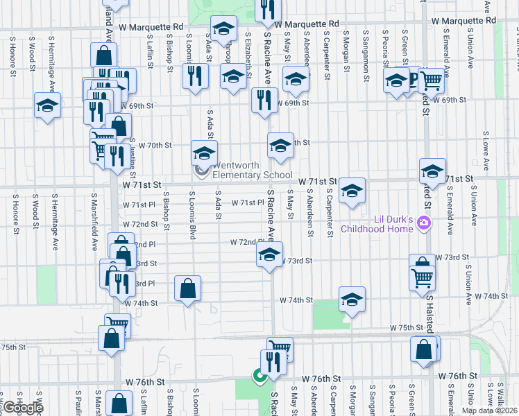 map of restaurants, bars, coffee shops, grocery stores, and more near 1234 West 71st Place in Chicago