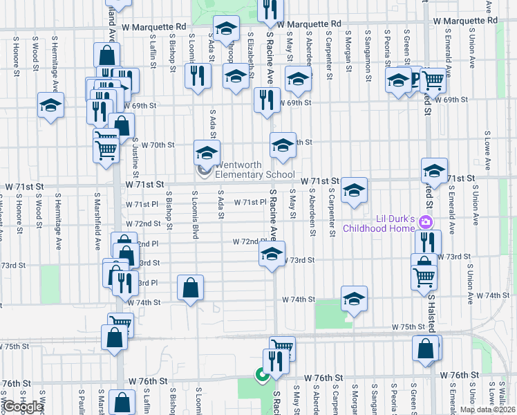 map of restaurants, bars, coffee shops, grocery stores, and more near 1234 West 71st Place in Chicago