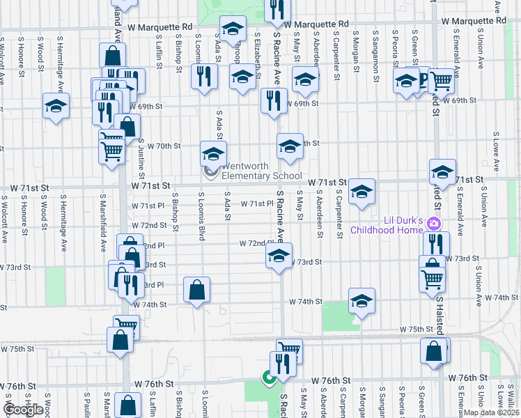 map of restaurants, bars, coffee shops, grocery stores, and more near 1234 West 71st Place in Chicago