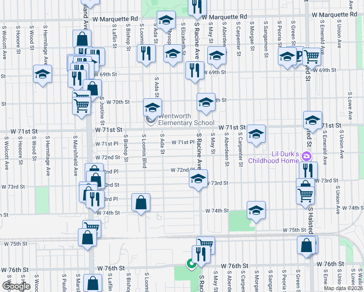 map of restaurants, bars, coffee shops, grocery stores, and more near 1234 West 71st Place in Chicago