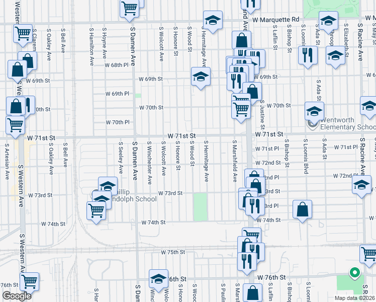 map of restaurants, bars, coffee shops, grocery stores, and more near 1803 West 71st Street in Chicago