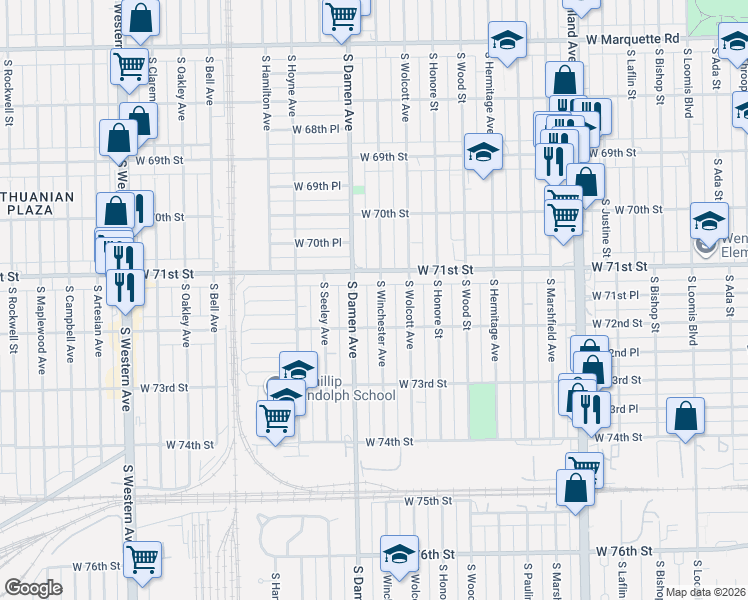 map of restaurants, bars, coffee shops, grocery stores, and more near 1925 West 71st Street in Chicago