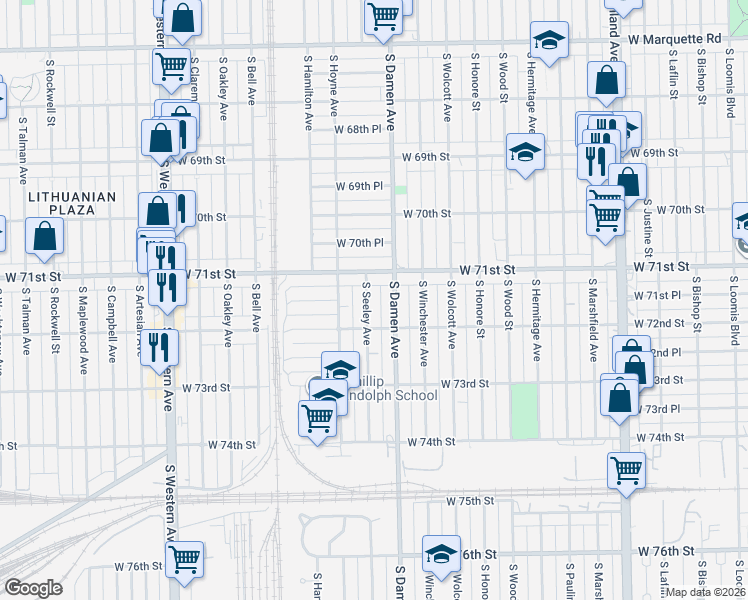 map of restaurants, bars, coffee shops, grocery stores, and more near 2031 West 71st Street in Chicago